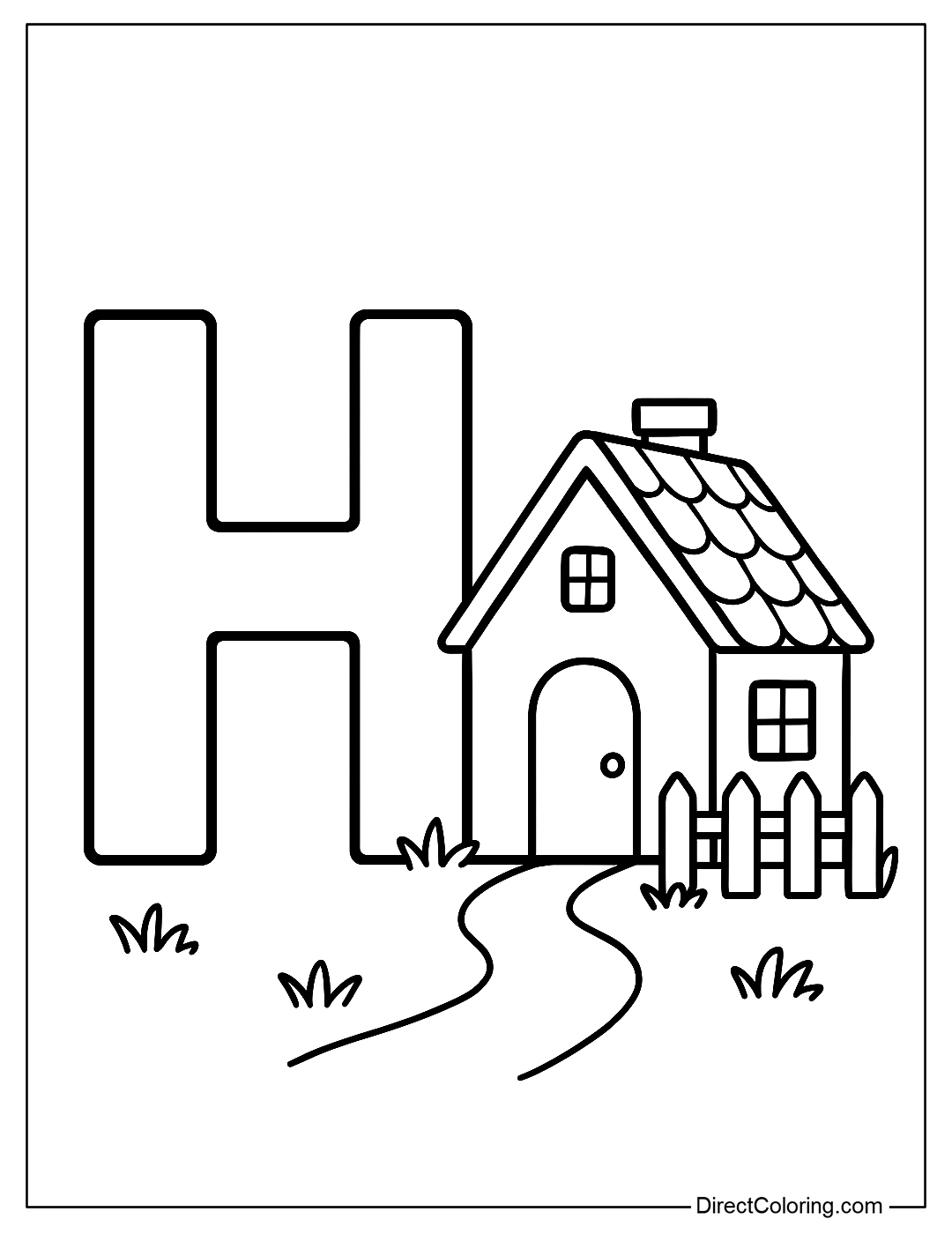 A letter H coloring page with a cute little house with a door, tiled roof and fence.